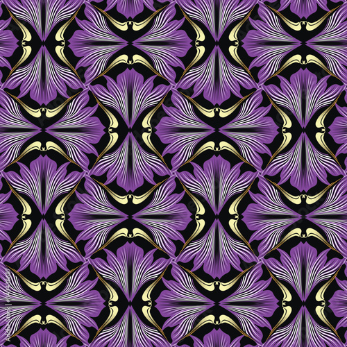3d violet color flowers seamless pattern. Vector floral background with 3d abstract flowers, gold lines. Luxury ornamental wallpaper. Ornate design for fabric, print. Modern ornament. Endless texture