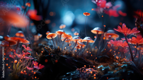 Fantasy Glowing Mushrooms in mystery. Beautiful macro shot of magic mushroom, fungus. This close-up shot captures the intricate details and beauty. Magic scene, light in night forest