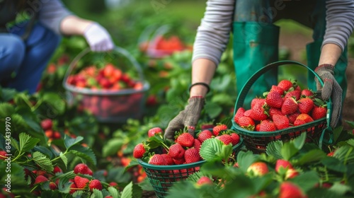 This image showcases people harvesting fresh strawberries, filling baskets with ripe, juicy fruits in a lush, green strawberry field. Perfect for SEO.