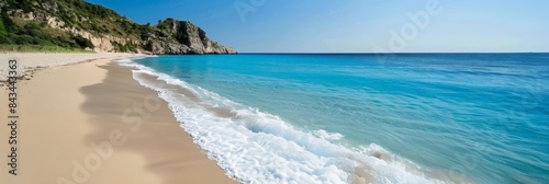 A scenic view of a beautiful sandy beach with crystal clear turquoise water gently lapping at the shore. A lush green cliffside adds depth to the scene