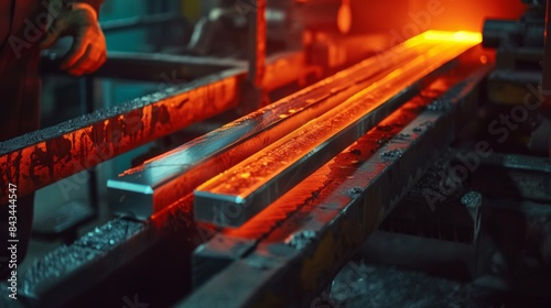 The image depicts a metalworking factory with hot, glowing metal bars on a conveyor, showcasing industrial metal processing, heat treatment, and manufacturing.