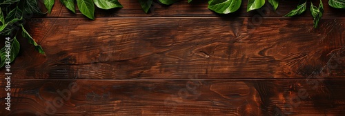 A close-up overhead shot of a brown wooden surface with green leaves bordering the top edge