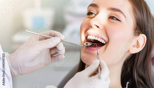 A female patient is currently at an appointment for a dental examination with a dentist