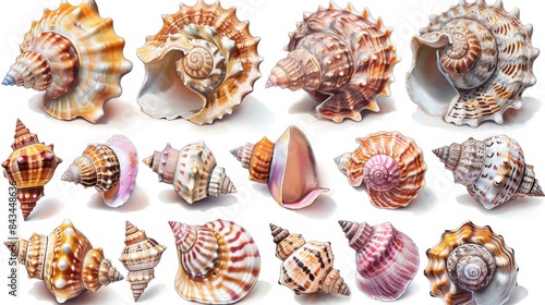 Illustration of mollusks spiral shells in an aquarium with underwater wildlife.