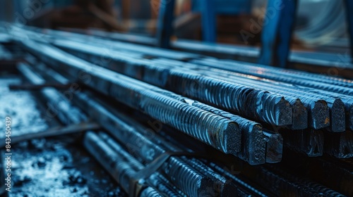 The image shows a close-up of stacked steel rebar on a construction site, emphasizing industrial materials, building supplies, metalwork, and construction activities.