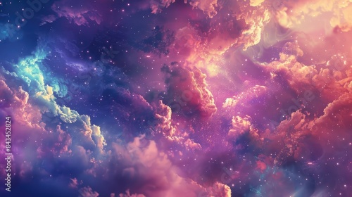 Enigmatic cosmic colors merging in a dreamy backdrop, inviting viewers into a world of wonder and enchantment, with room for text on the right side