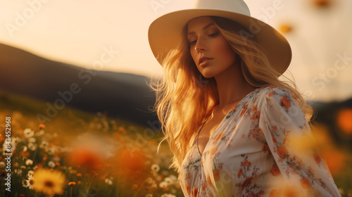 A 1970s female model wearing a bohemian maxi dress and wide-brimmed hat, walking through a field of wildflowers