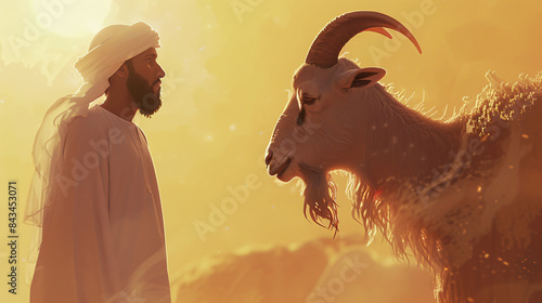Goat with a young muslim guy eid ul azha background