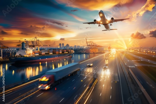 Airplane Taking Off Over Cargo Ship and Highway at Sunset