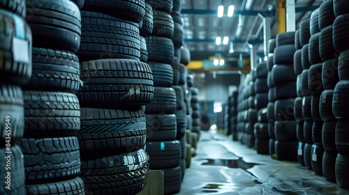 Piles of car tires in factory storage area. Concept Industrial Waste Management, Recycling Practices, Synthetic Rubber Production, Tire Manufacturing Technology AI