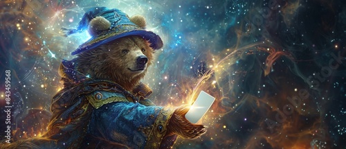 Enchanting Bear Magician Conjuring a Blank Card with Mystical Background for Copy Space
