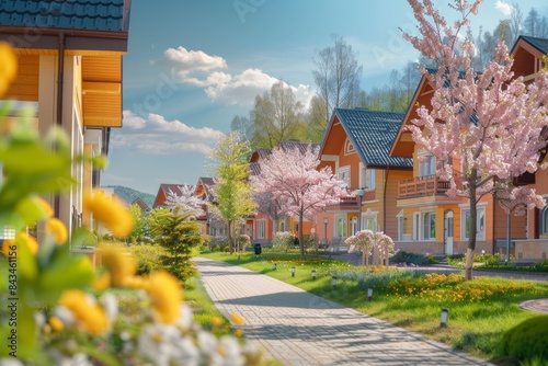 Springtime View of a Charming Suburban Neighborhood With Blooming Trees