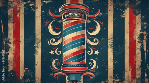Barbershop barber pole, Classic vintage barber pole illustration background. Blue red color floral baroque decoration.