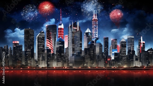 Stunning city skyline at night with vibrant fireworks lighting up the sky, reflecting in the river below.