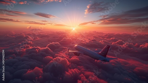 Airplane Flying Above Clouds During Breathtaking Sunset