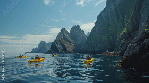 Kayakers paddling along the rocky coastline of a rugged island, with towering cliffs rising from the sea and hidden coves waiting to be discovered around every bend.