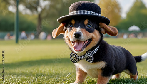 A charming illustration of a playful puppy with floppy ears, wearing a small, checkered bowler hat, with a wagging tail and a joyful expression, playing in a park.