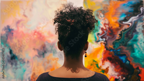 Young woman visitor stands in a modern art gallery looking at abstract paintings at the exhibition