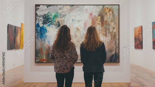 Two women visitors discussing in modern art gallery looking at abstract paintings at the exhibition