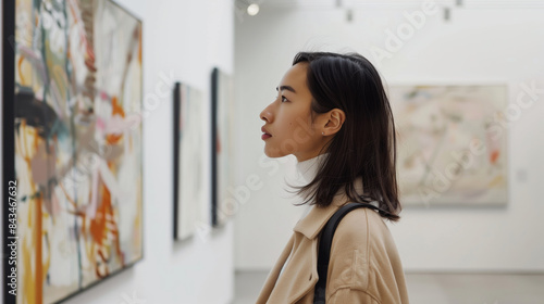 Young woman visitor stands in a modern art gallery looking at abstract paintings at the exhibition