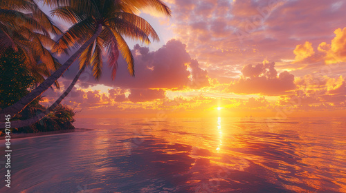 Sunset over a deserted island beach, with hues of orange and pink painting the sky as the sun dips below the horizon, casting a warm glow over the tranquil seascape.