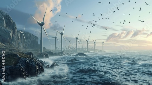 Wind turbines produce electricity on the sea coast, creating clean energy for the world of the future.