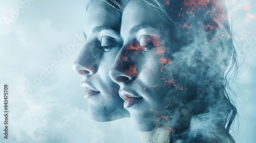 Abstract art of two faces with contrasting fire and ice elements Double exposure portrait of a young woman with urban landscape in the background and cross. Conceptual image.