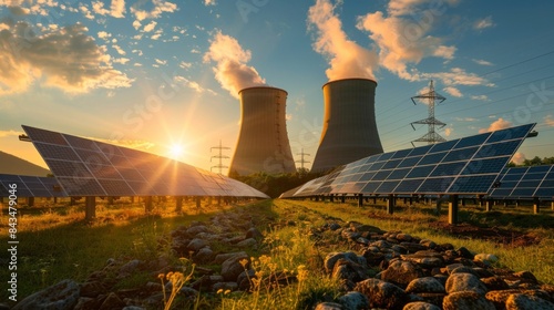 Solar panels with a nuclear power plant in the background during sunrise, depicting renewable and traditional energy sources.