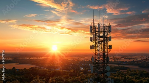 A telecommunications tower with antennas against a vibrant sunset, symbolizing 5G network technology.