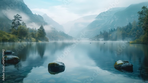 an elegant lake with clear water, green mountains and trees. With stones in the middle of shallow waters, and fog.