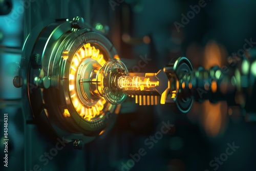 Render a close up of a futuristic glowing yellow engine part with intricate details