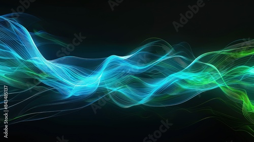 A wallpaper depicting luminous blue and green wave lines that undulate across a stark black background, creating a vibrant, flowing visual.