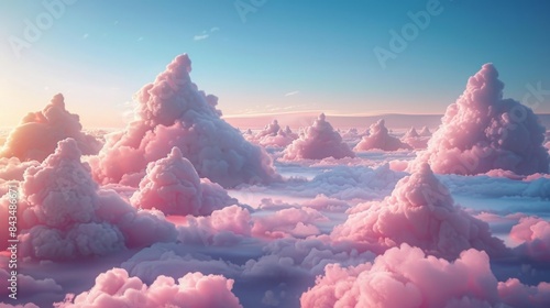 A dreamy landscape with soft pink cotton candy-like clouds under a serene sky at sunset or sunrise.