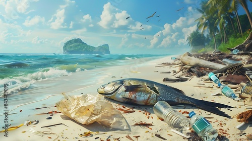 Dead fish on a tropical beach surrounded by washed up garbage including bottles and plastic bags