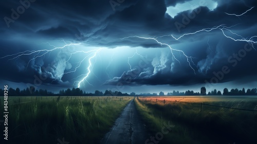 A dramatic thunderstorm over a rural landscape with dark clouds, lightning streaking across the sky, and rain pouring down