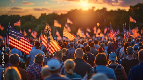 Patriotic crowd gathered at a park celebrating freedom with American flags waving under a blue sky
