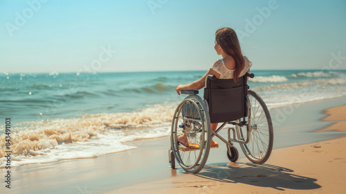 Beach accessibility and handicapped people holidays concept image with happy disabled young woman in a wheelchair. 