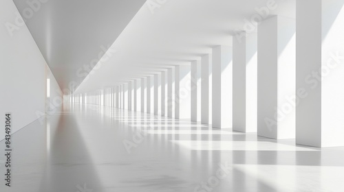 A sleek, modern interior with a series of white pillars along a corridor, sunlight casting shadows on glossy floor.