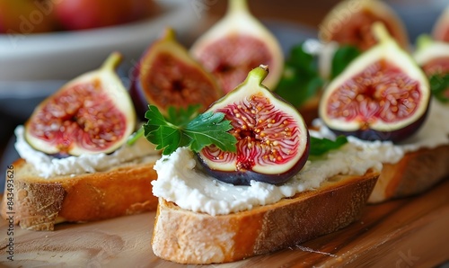 toasts with goat cheese foam and pink inside green peel figs, Generative AI