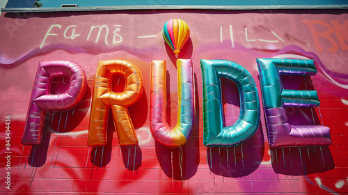 Word PRUDE Colorful Rainbow Sign, Graffiti Wall, Glossy Folio Balloon Letters. LGBTQ+, Identity, Freedom, Equality, Diversity, Human Rights. Funny Party Poster, Social Media Header, Banner, Background