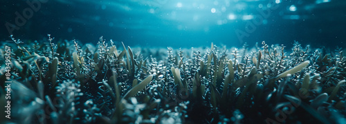 Close-up panoramic shot of dense seagrass meadow under ocean surface, bathed in soft blue light