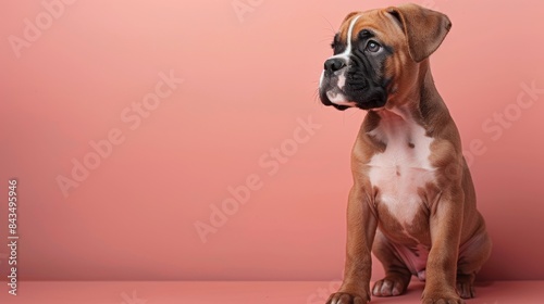 A playful Boxer puppy sitting on a solid light pink background with space above for text