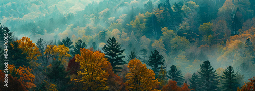 Background panorama of autumn forest blanketed in mist and fog, tranquil atmosphere. Diffused light of early morning, natural landscape