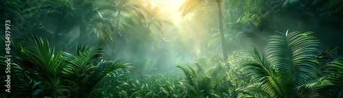 A lush and vibrant jungle scene, filled with dense vegetation and a variety of plant life. The sun is shining brightly, creating a dappled pattern on the ground.