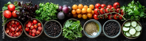 A variety of fresh vegetables and herbs on a dark background