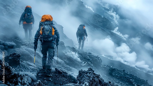 A group of mountaineers trek through a volcanic landscape