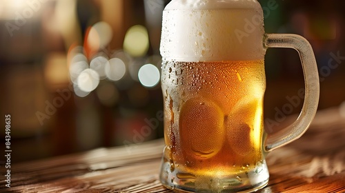Frosty Beer Mug with Foamy Golden Liquid on Wooden Table