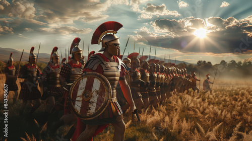 A Roman legionnaire leads his comrades through a golden field at sunrise, their armor glistening under the rays breaking through dramatic clouds.