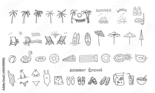 Large set of summer time theme elements. Beach, palms, SUP, surfboard, inflatable rubber circles, beach umbrella, flip flops. Travel design. Adventure. Hand drawn. Doodle style. Great for poster