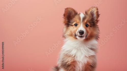 A playful Shetland Sheepdog puppy sitting on a solid pastel peach background with space above for text